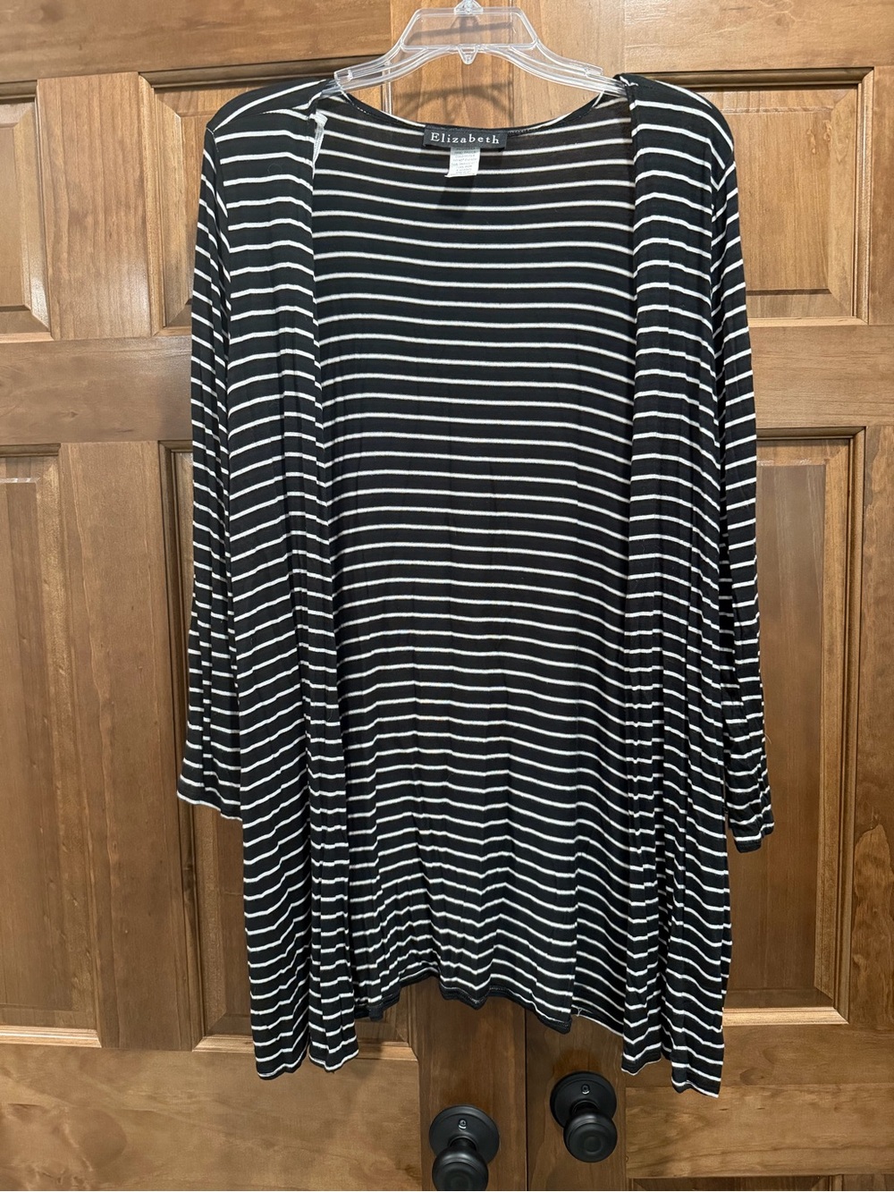 Elizabeth Black & White Striped Three Quarter Sleeve Open Cardigan, Size Large